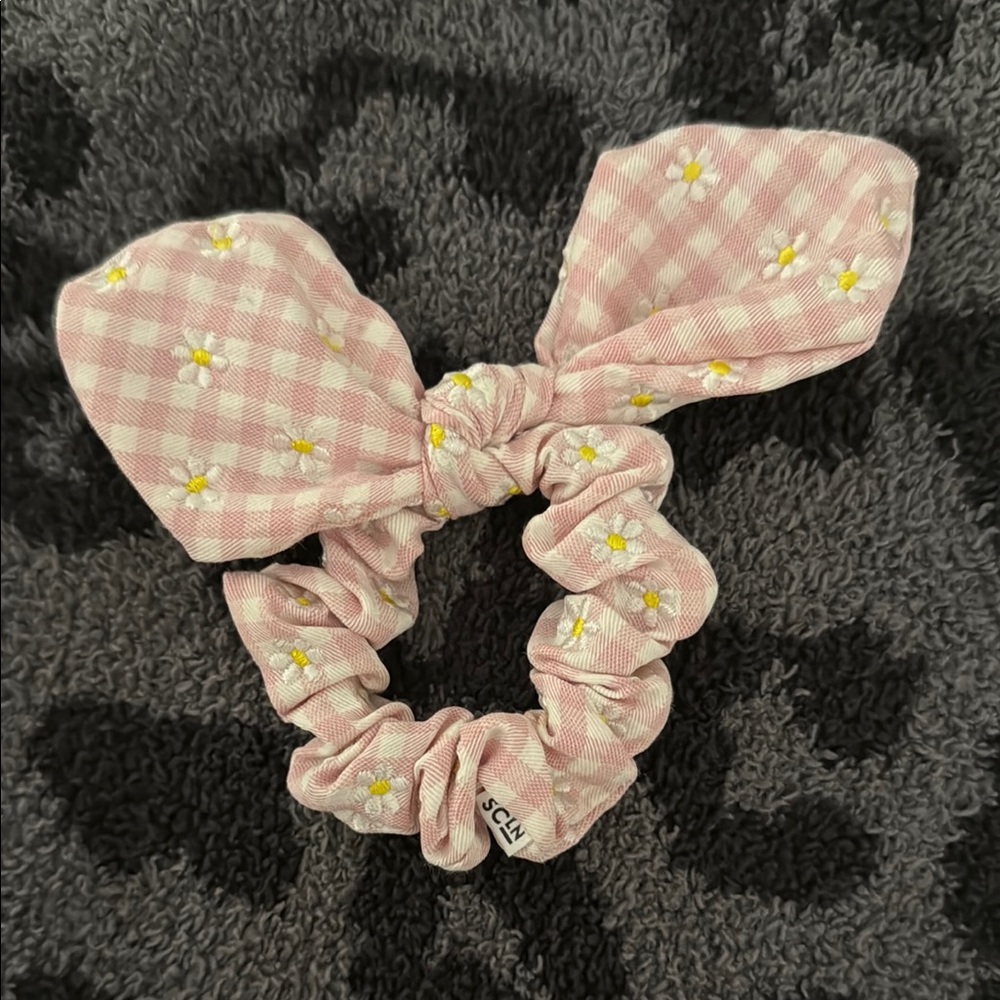 Stoney Clover Lane Sweet Summer Pink Gingham Daisy Bow Scrunchie Hair Tie